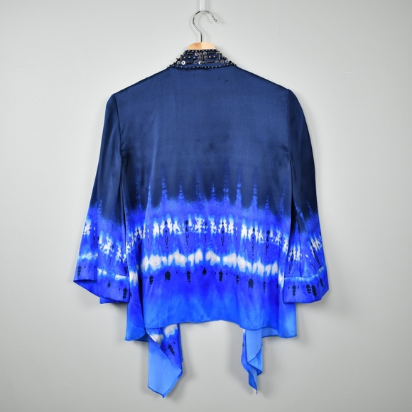 Blue Tie Dye Beaded Silk Kimono Cardigan - Picture 3 of 8